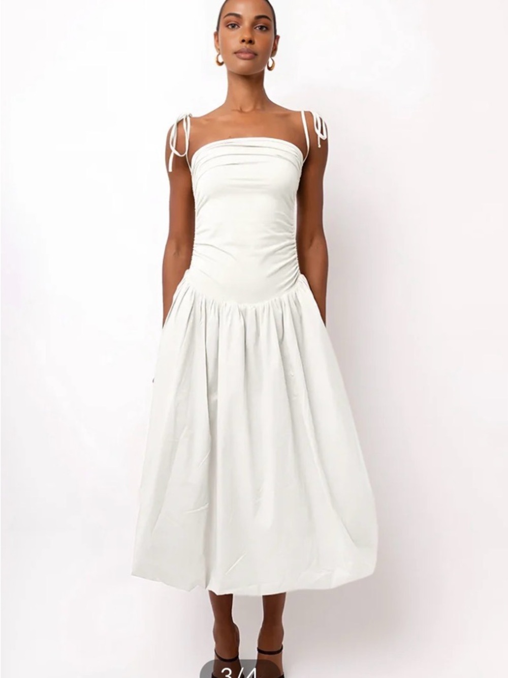 Amy Lynn Alexa Tie-Shoulder Midi Dress Poplin Drop Waist Bubble Skirt White - Picture 4 of 11